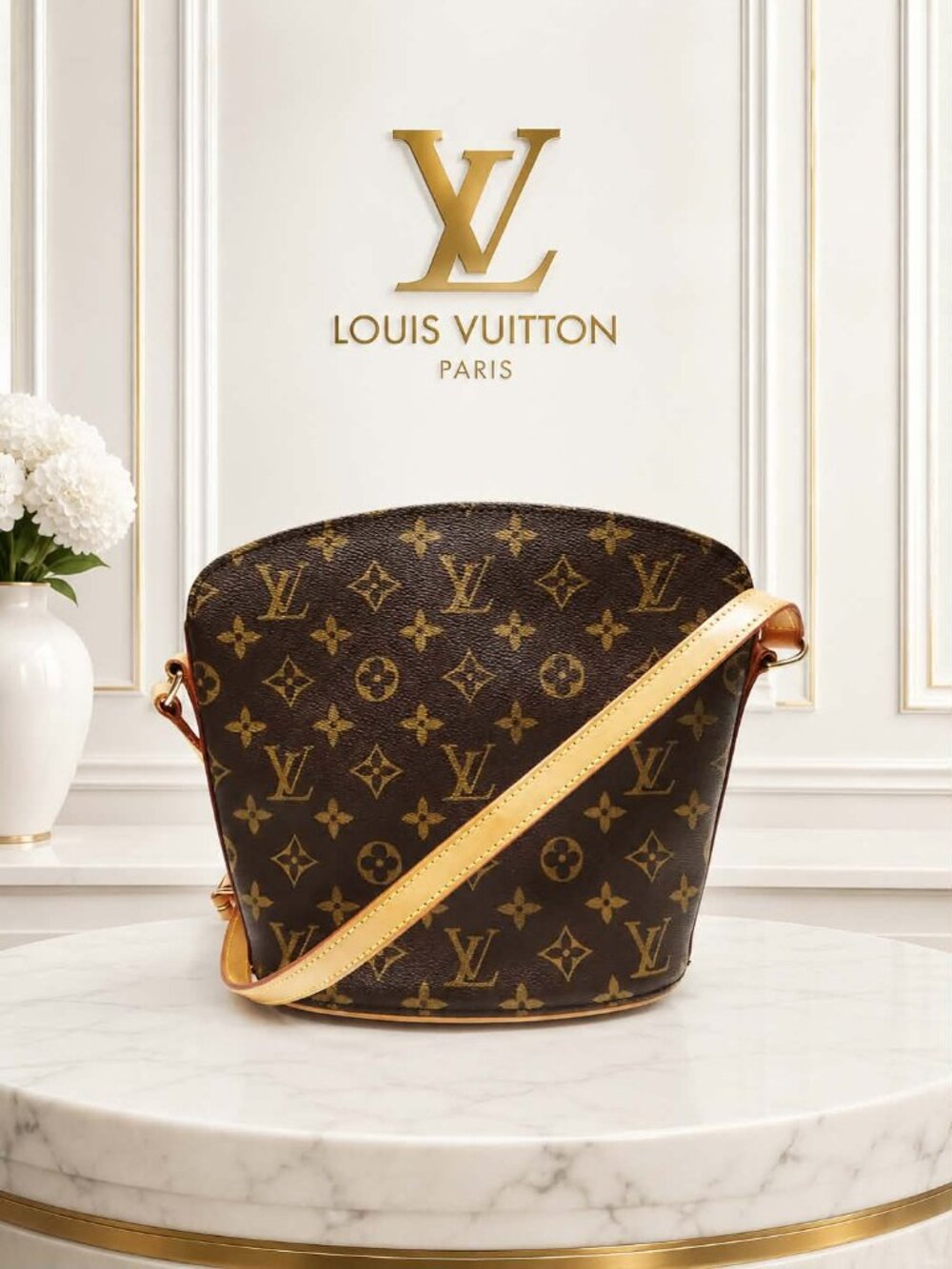 Authentic Louis Vuitton Drouot Monogram Canvas Brown Crossbody Shoulder Bag